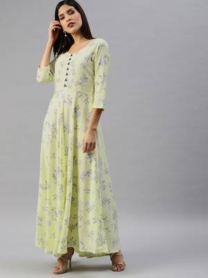 Yellow printed viscose rayon long-dresses 1