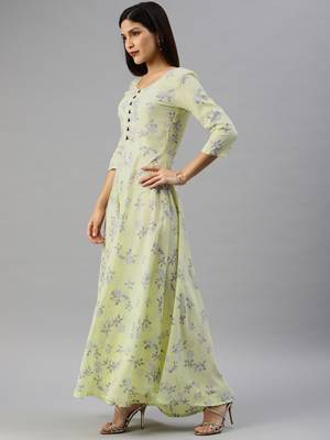 Yellow printed viscose rayon long-dresses 2
