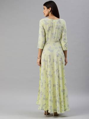 Yellow printed viscose rayon long-dresses 3