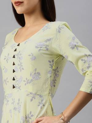 Yellow printed viscose rayon long-dresses 4