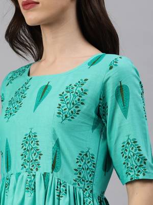 Blue printed cotton short-dresses 4