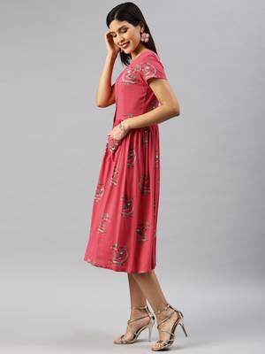 Red printed viscose rayon short-dresses 2
