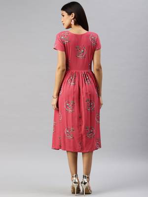 Red printed viscose rayon short-dresses 3