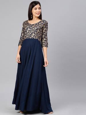 Navy-blue printed viscose rayon long-dresses 1