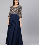 Navy-blue printed viscose rayon long-dresses