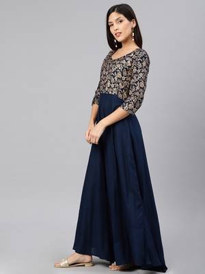 Navy-blue printed viscose rayon long-dresses 2