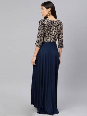 Navy-blue printed viscose rayon long-dresses 3