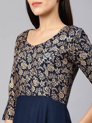 Navy-blue printed viscose rayon long-dresses 4