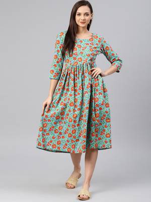 Blue printed cotton long-dresses 1