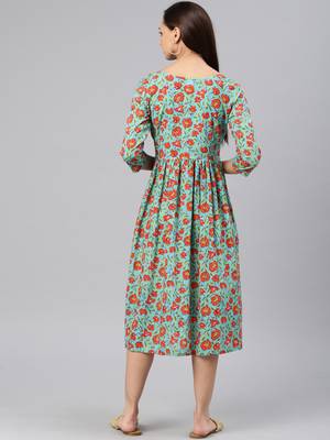 Blue printed cotton long-dresses 3
