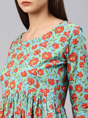 Blue printed cotton long-dresses 4
