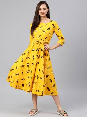 Yellow printed cotton long-dresses 1