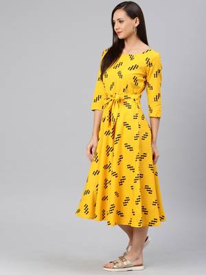 Yellow printed cotton long-dresses 2