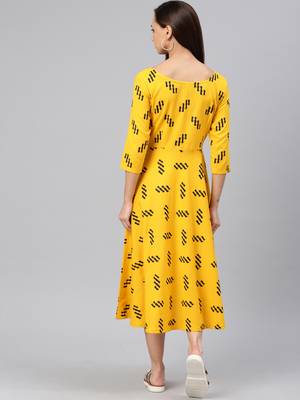 Yellow printed cotton long-dresses 3