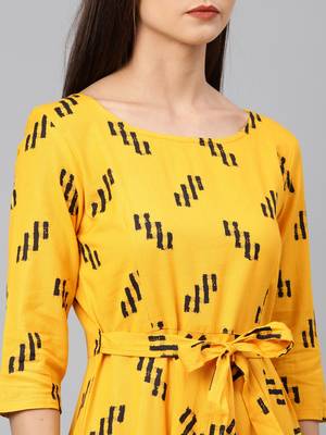 Yellow printed cotton long-dresses 4