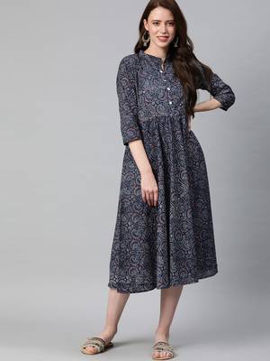 Blue printed cotton long-dresses 1