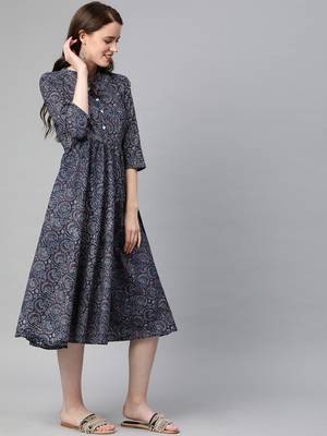 Blue printed cotton long-dresses 2