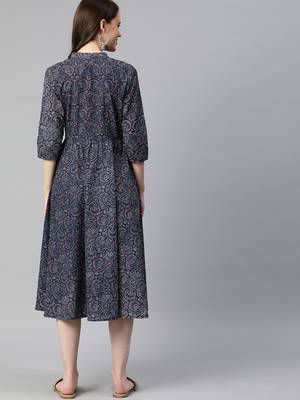 Blue printed cotton long-dresses 3