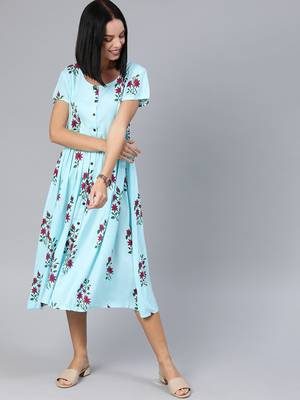 Blue printed viscose rayon long-dresses 1