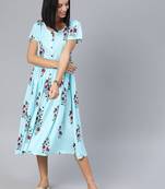 Blue printed viscose rayon long-dresses