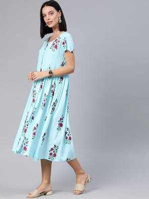 Blue printed viscose rayon long-dresses 2
