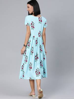 Blue printed viscose rayon long-dresses 3