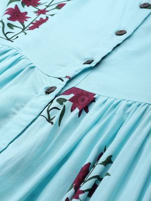 Blue printed viscose rayon long-dresses 4