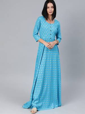 Blue printed viscose rayon long-dresses 1