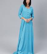 Blue printed viscose rayon long-dresses