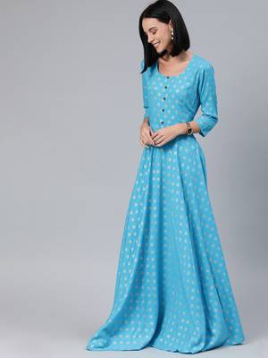 Blue printed viscose rayon long-dresses 2