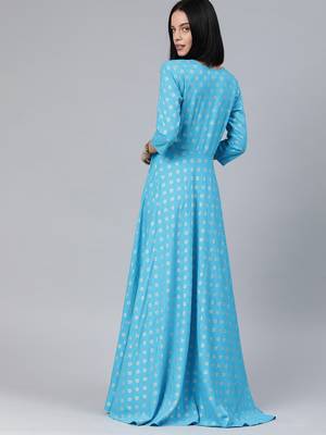 Blue printed viscose rayon long-dresses 3