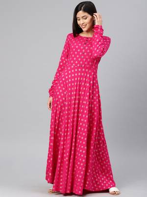 Pink printed viscose rayon long-dresses 1