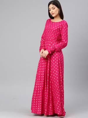 Pink printed viscose rayon long-dresses 2