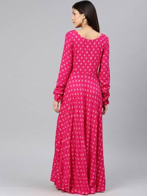 Pink printed viscose rayon long-dresses 3