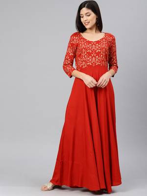 Red printed viscose rayon long-dresses 1