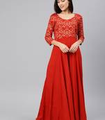 Red printed viscose rayon long-dresses
