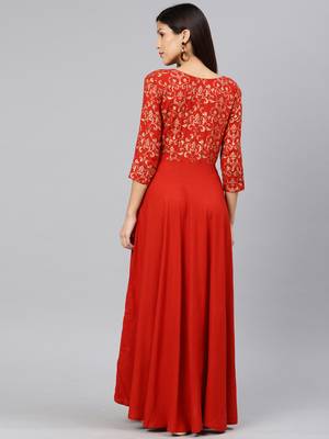 Red printed viscose rayon long-dresses 3
