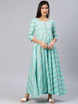 Blue printed viscose rayon long-dresses 1