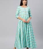 Blue printed viscose rayon long-dresses