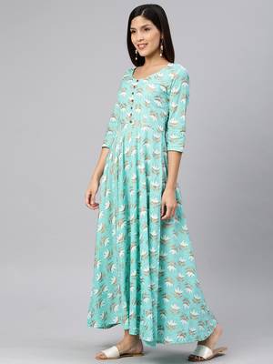 Blue printed viscose rayon long-dresses 2