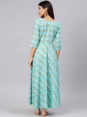 Blue printed viscose rayon long-dresses 3