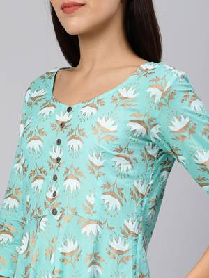 Blue printed viscose rayon long-dresses 4
