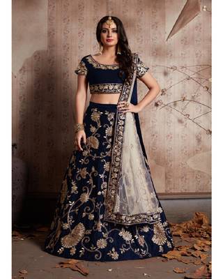 Blue embroidered velvet semi stitched lehenga 1