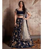 Blue embroidered velvet semi stitched lehenga