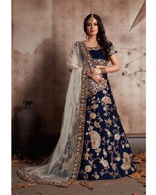 Blue embroidered velvet semi stitched lehenga 2