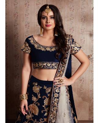 Blue embroidered velvet semi stitched lehenga 3
