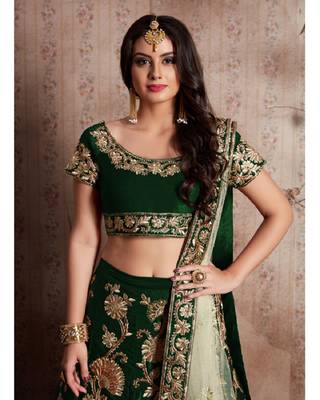 Green embroidered velvet semi stitched lehenga 1