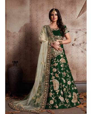 Green embroidered velvet semi stitched lehenga 2