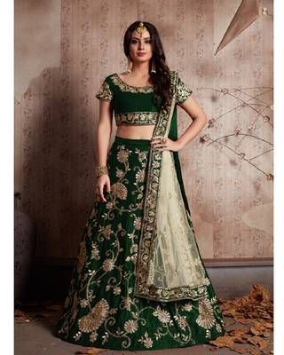 Green embroidered velvet semi stitched lehenga 3