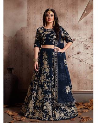 Blue embroidered velvet semi stitched lehenga 1